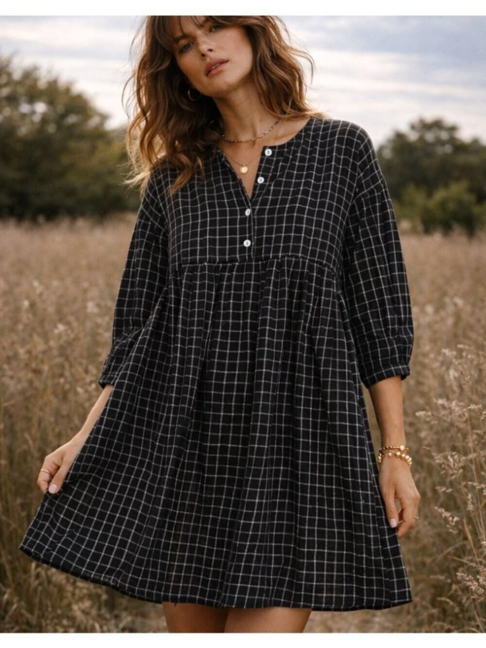 ABLE Nico Black White Windowpane Cotton Babydoll Swing Dress Puff S Cottagecore